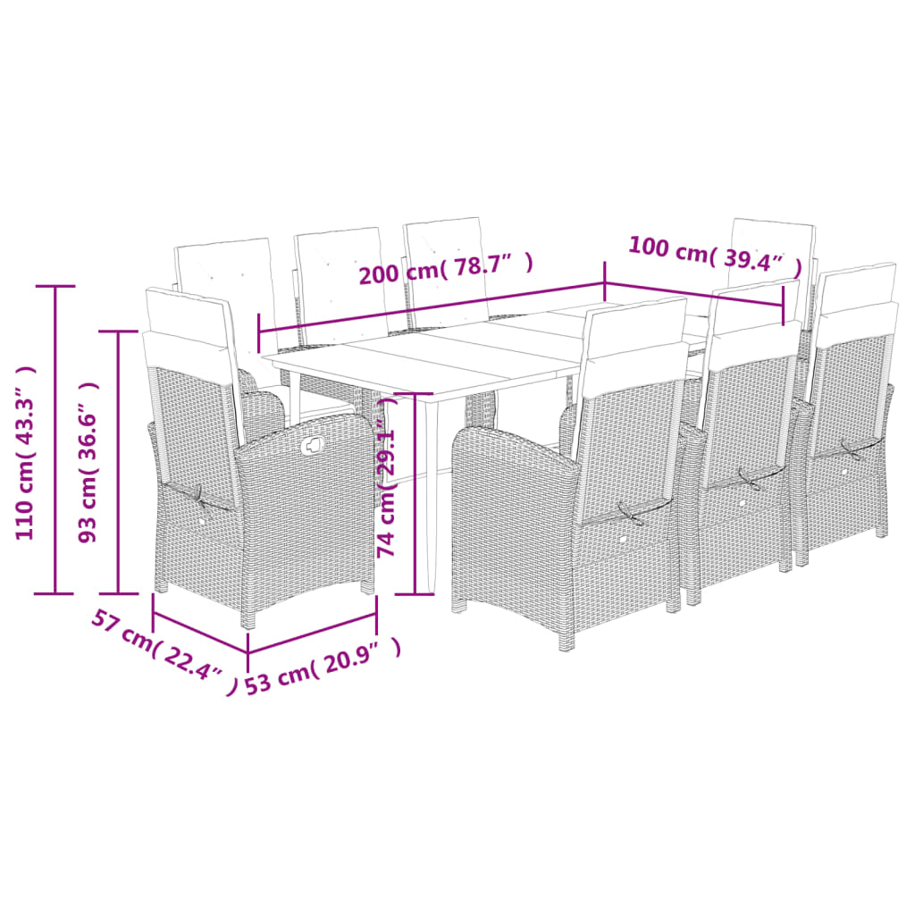 vidaXL 9 Piece Patio Dining Set with Cushions Gray Poly Rattan-3