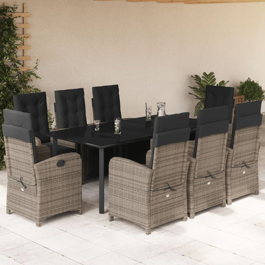 vidaXL 9 Piece Patio Dining Set with Cushions Gray Poly Rattan-0