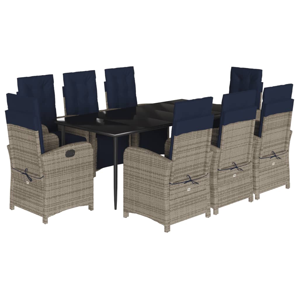 vidaXL 9 Piece Patio Dining Set with Cushions Gray Poly Rattan-2