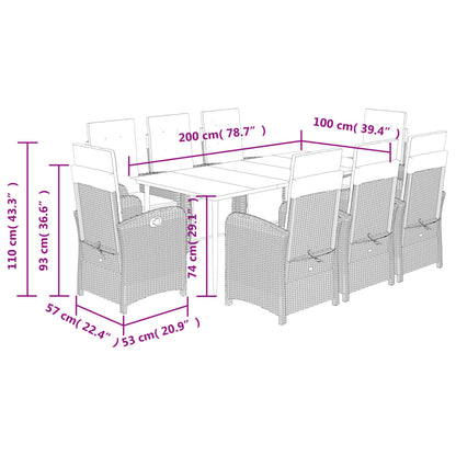 vidaXL 9 Piece Patio Dining Set with Cushions Gray Poly Rattan-3