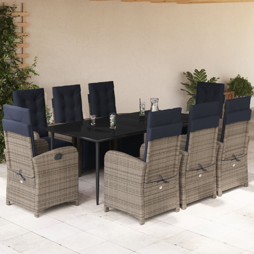 vidaXL 9 Piece Patio Dining Set with Cushions Gray Poly Rattan-0