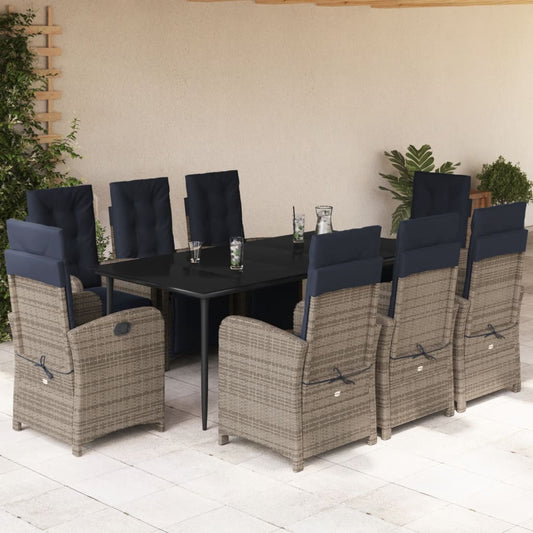 vidaXL 9 Piece Patio Dining Set with Cushions Gray Poly Rattan-0