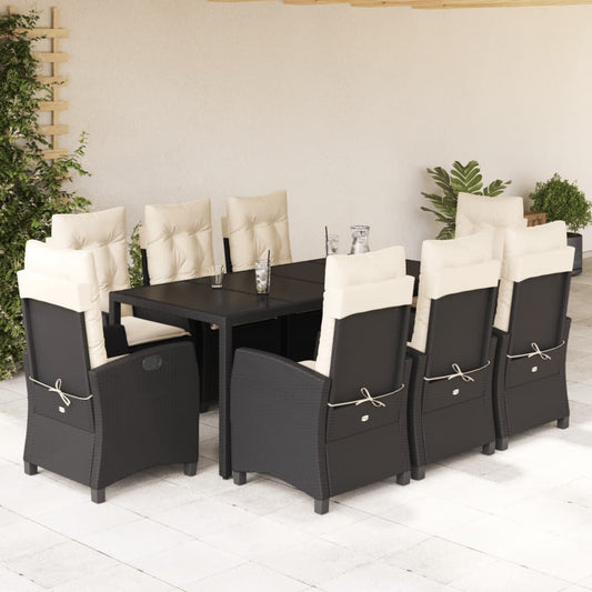 vidaXL 9 Piece Patio Dining Set with Cushions Black Poly Rattan-0