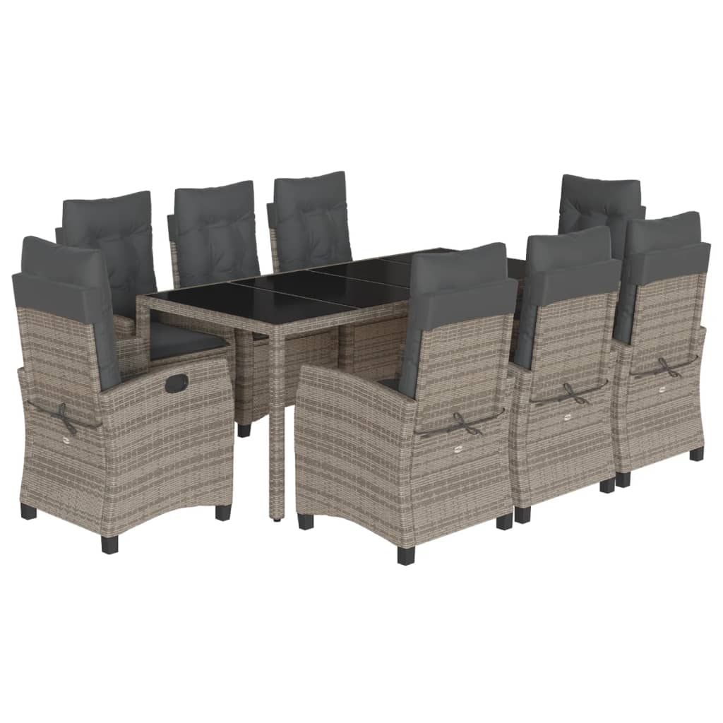 vidaXL 9 Piece Patio Dining Set with Cushions Gray Poly Rattan-1
