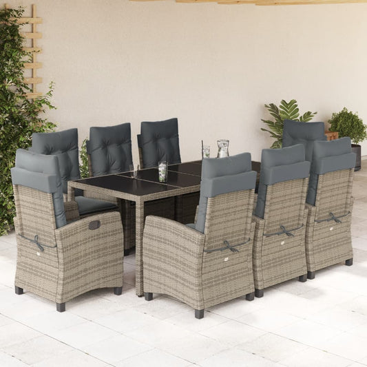 vidaXL 9 Piece Patio Dining Set with Cushions Gray Poly Rattan-0