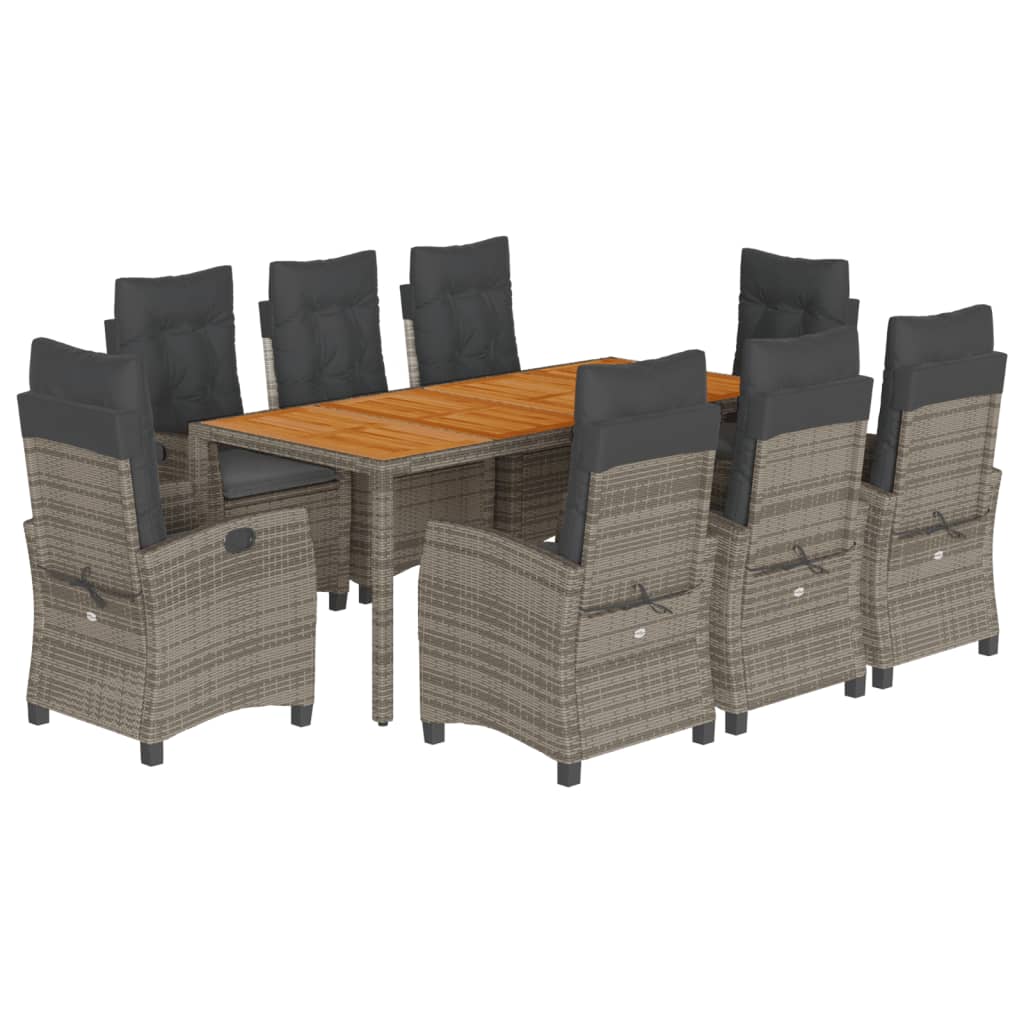vidaXL 9 Piece Patio Dining Set with Cushions Gray Poly Rattan-2