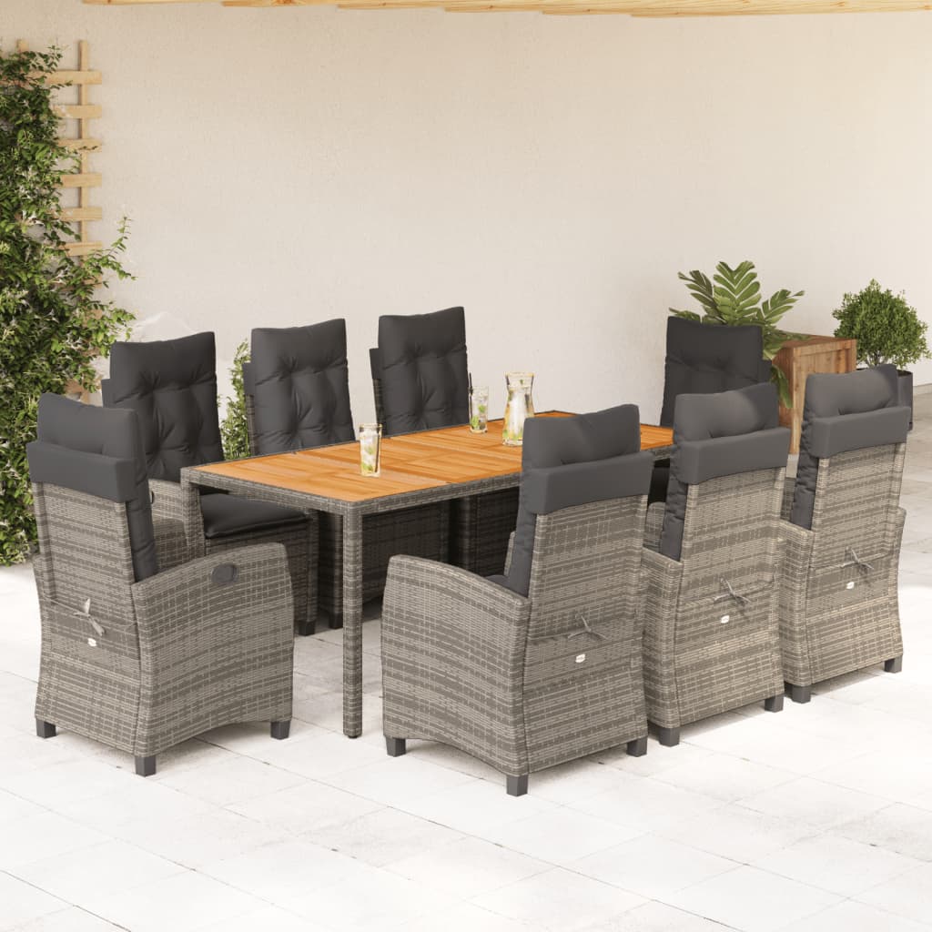 vidaXL 9 Piece Patio Dining Set with Cushions Gray Poly Rattan-0