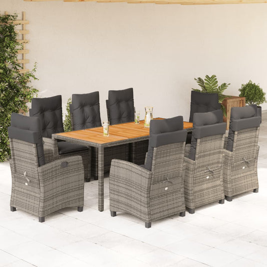 vidaXL 9 Piece Patio Dining Set with Cushions Gray Poly Rattan-0