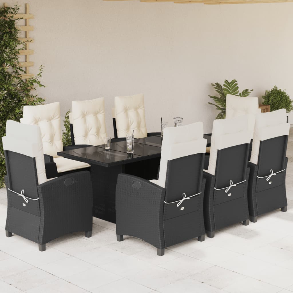 vidaXL 9 Piece Patio Dining Set with Cushions Black Poly Rattan-0