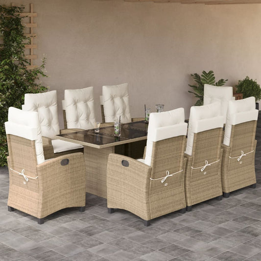 9-piece beige polyrattan garden sofa set with glass table for outdoor dining and lounging