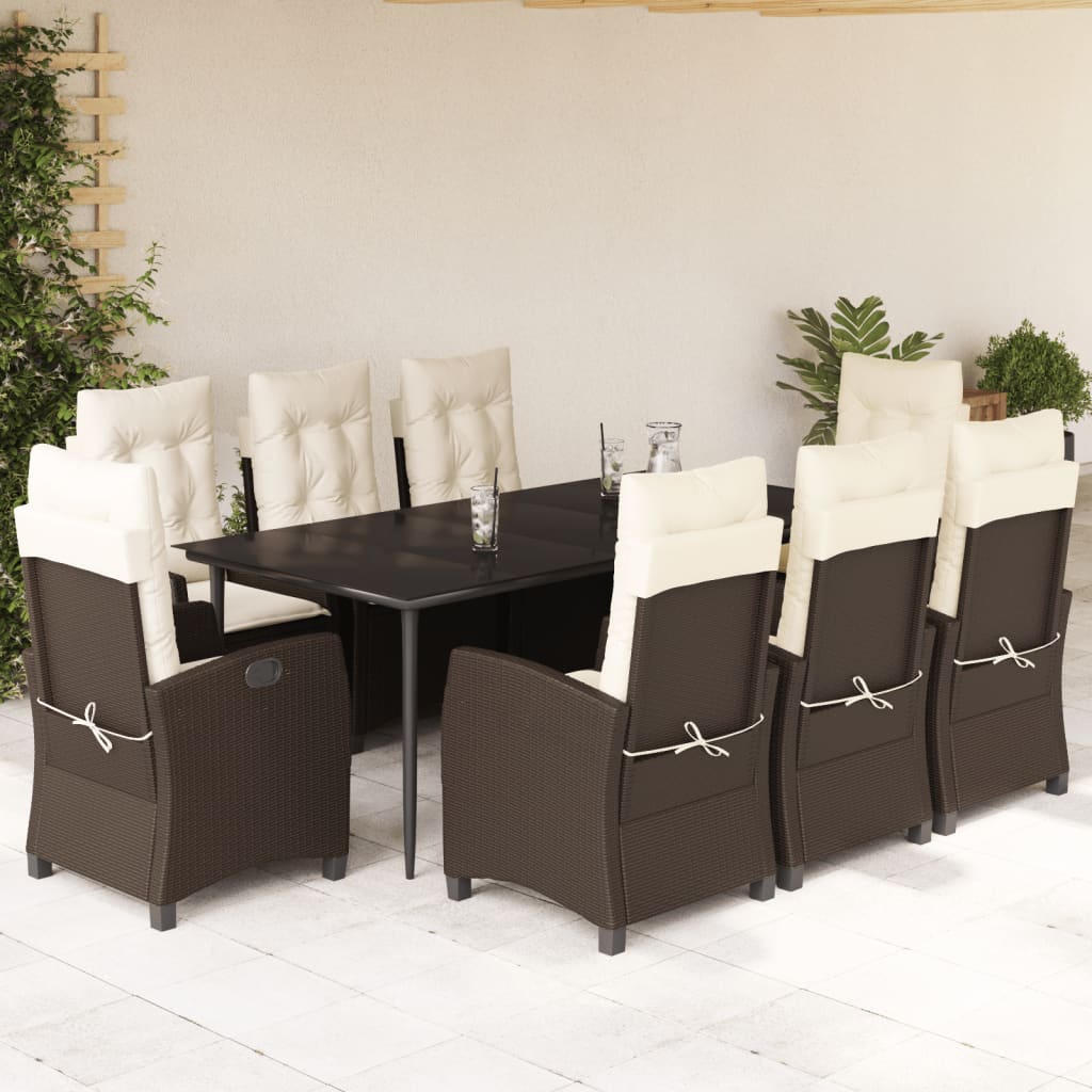 vidaXL 9 Piece Patio Dining Set with Cushions Brown Poly Rattan-0