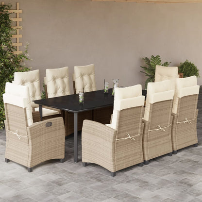 vidaXL 9 Piece Patio Dining Set with Cushions Beige Poly Rattan-0