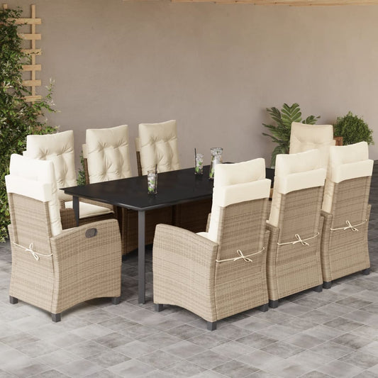 vidaXL 9 Piece Patio Dining Set with Cushions Beige Poly Rattan-0