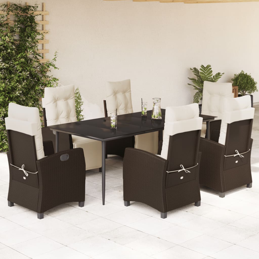 vidaXL 7 Piece Patio Dining Set with Cushions Brown Poly Rattan-0