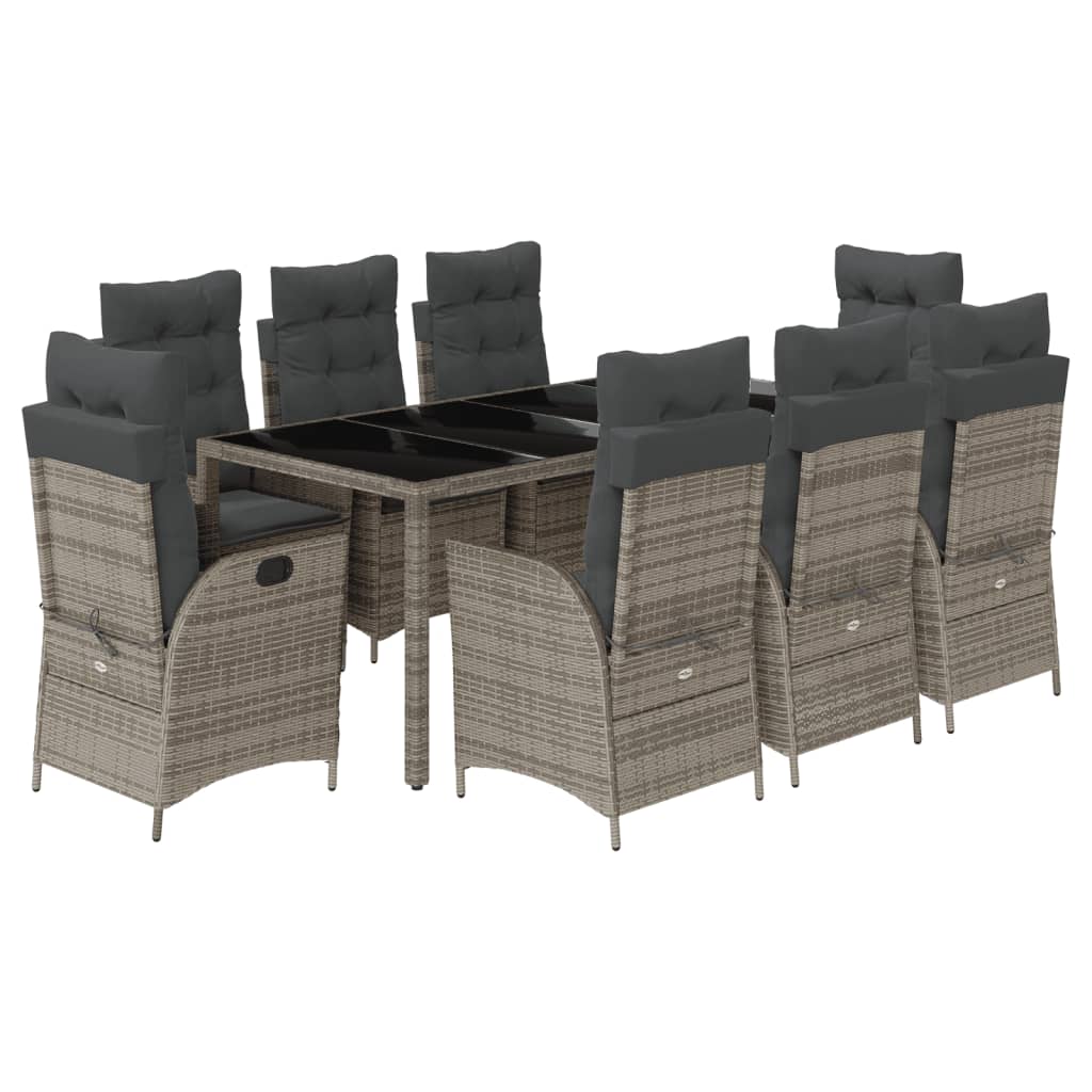 vidaXL 9 Piece Patio Dining Set with Cushions Gray Poly Rattan-1