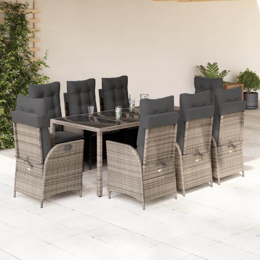 vidaXL 9 Piece Patio Dining Set with Cushions Gray Poly Rattan-0