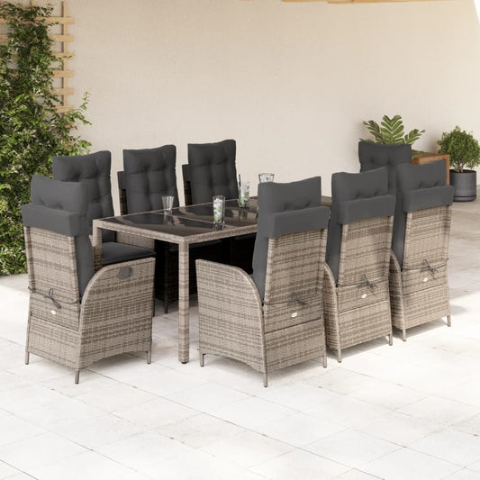 vidaXL 9 Piece Patio Dining Set with Cushions Gray Poly Rattan-0