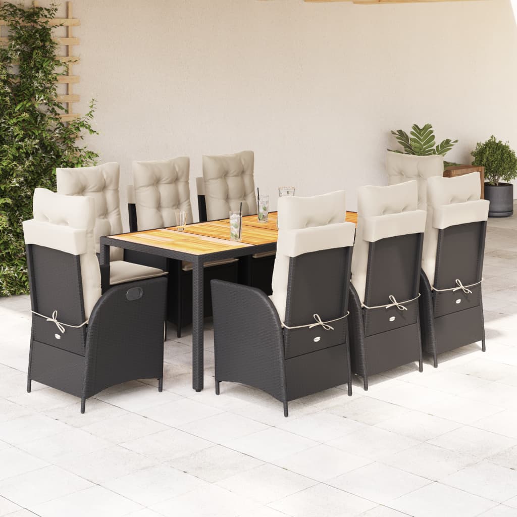 vidaXL 9 Piece Patio Dining Set with Cushions Black Poly Rattan-0