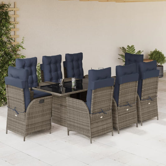 vidaXL 9 Piece Patio Dining Set with Cushions Gray Poly Rattan-0