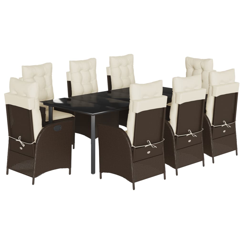 vidaXL 9 Piece Patio Dining Set with Cushions Brown Poly Rattan-1