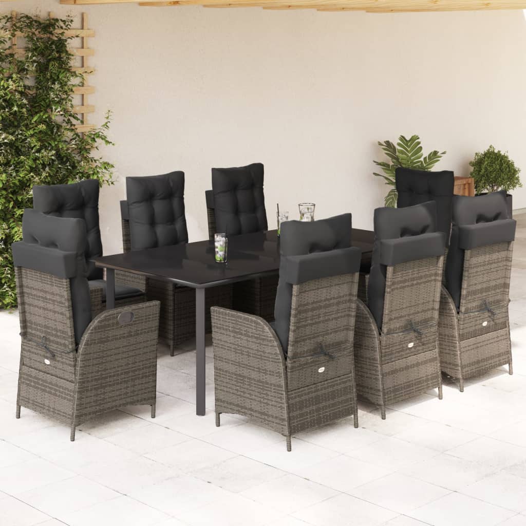 vidaXL 9 Piece Patio Dining Set with Cushions Gray Poly Rattan-0
