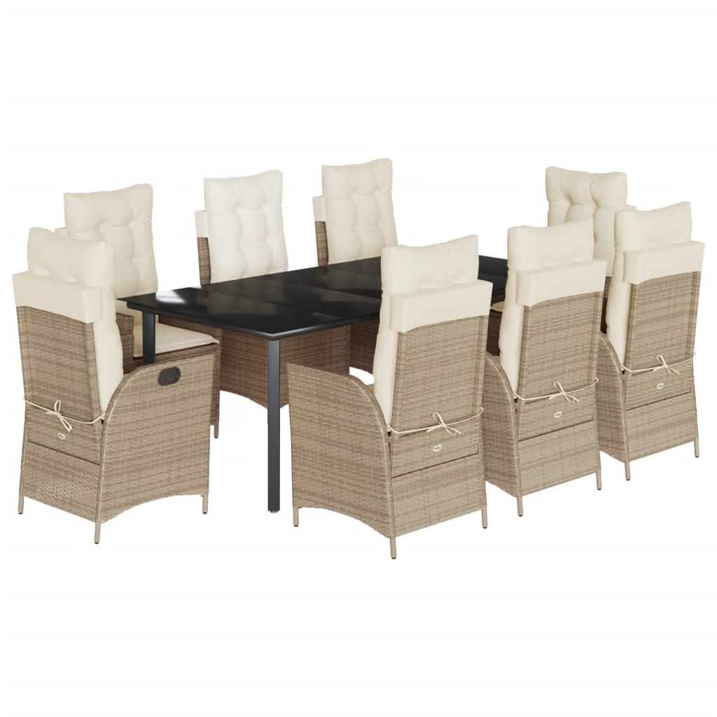 vidaXL 9 Piece Patio Dining Set with Cushions Beige Poly Rattan-1