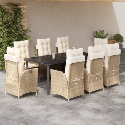vidaXL 9 Piece Patio Dining Set with Cushions Beige Poly Rattan-0