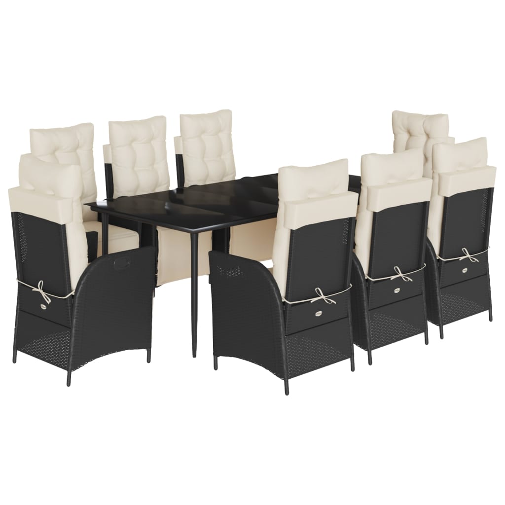 vidaXL 9 Piece Patio Dining Set with Cushions Black Poly Rattan-2