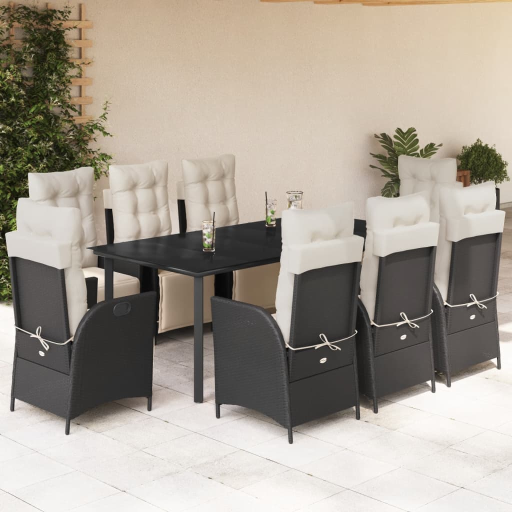 vidaXL 9 Piece Patio Dining Set with Cushions Black Poly Rattan-0