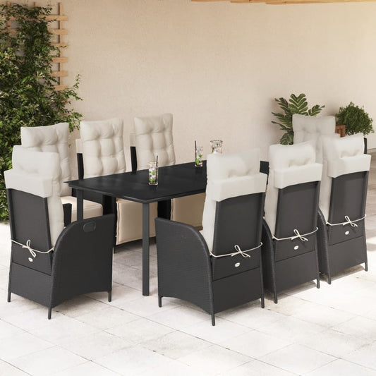 vidaXL 9 Piece Patio Dining Set with Cushions Black Poly Rattan-0