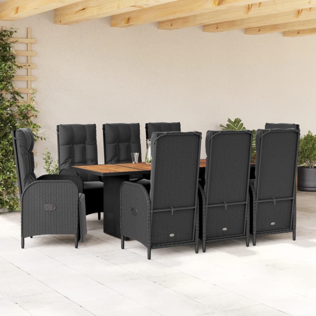 vidaXL 9 Piece Patio Dining Set with Cushions Black Poly Rattan-0