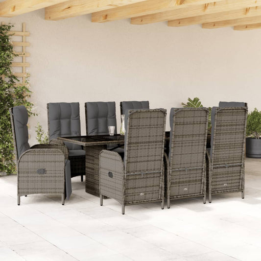 vidaXL 9 Piece Patio Dining Set with Cushions Gray Poly Rattan-0