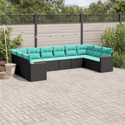 vidaXL 10 Piece Patio Sofa Set with Cushions Black Poly Rattan-0