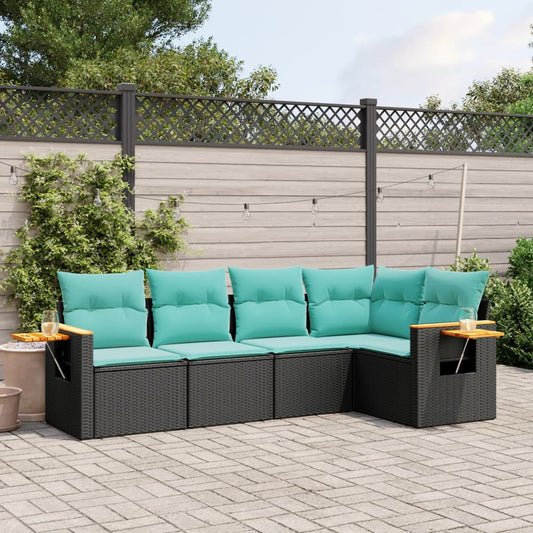 vidaXL 5 Piece Patio Sofa Set with Cushions Black Poly Rattan-0