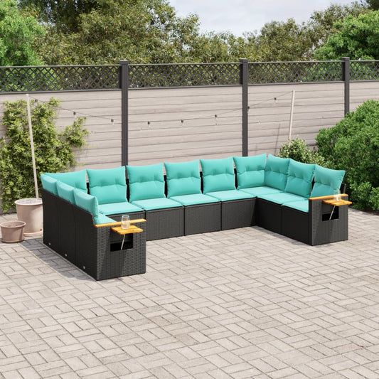 vidaXL 10 Piece Patio Sofa Set with Cushions Black Poly Rattan-0