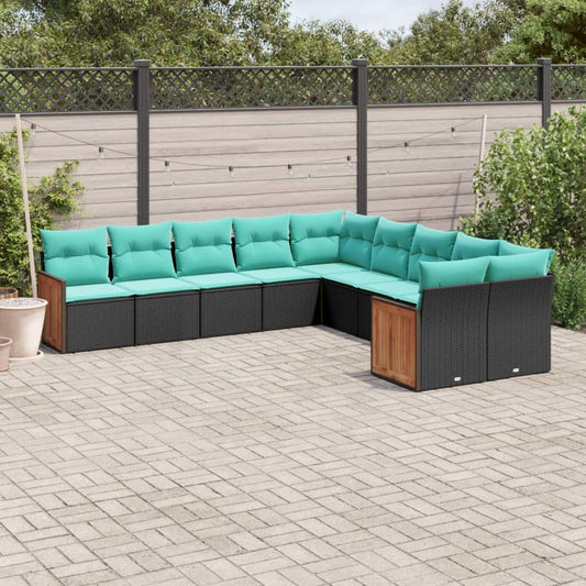 vidaXL 10 Piece Patio Sofa Set with Cushions Black Poly Rattan-0