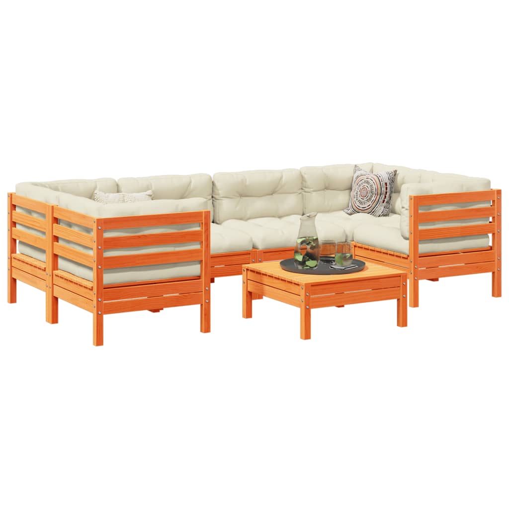 vidaXL 7 Piece Patio Sofa Set with Cushions Wax Brown Solid Wood Pine-0