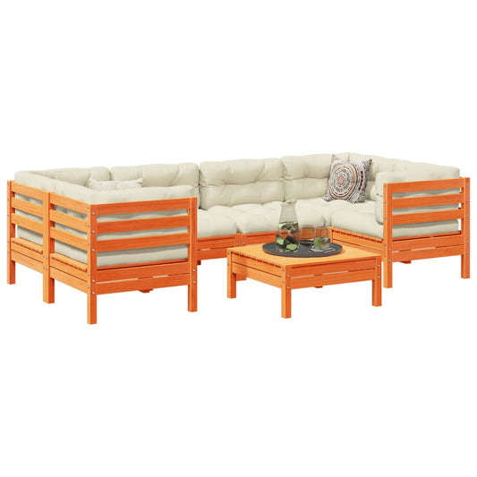 vidaXL 7 Piece Patio Sofa Set with Cushions Wax Brown Solid Wood Pine-0