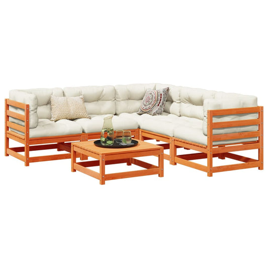 vidaXL 6 Piece Patio Sofa Set with Cushions Wax Brown Solid Wood Pine-0