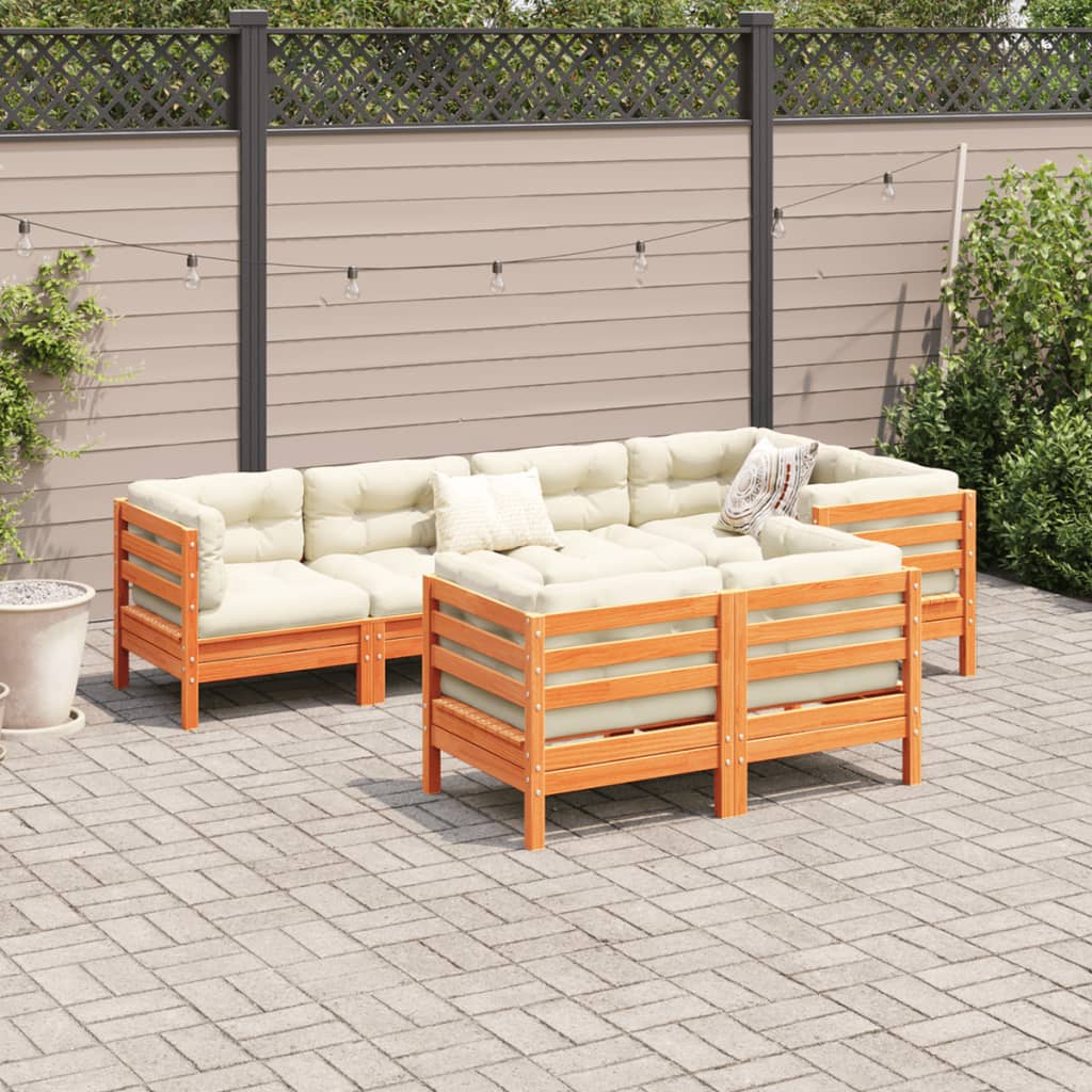 vidaXL 7 Piece Patio Sofa Set with Cushions Wax Brown Solid Wood Pine-4