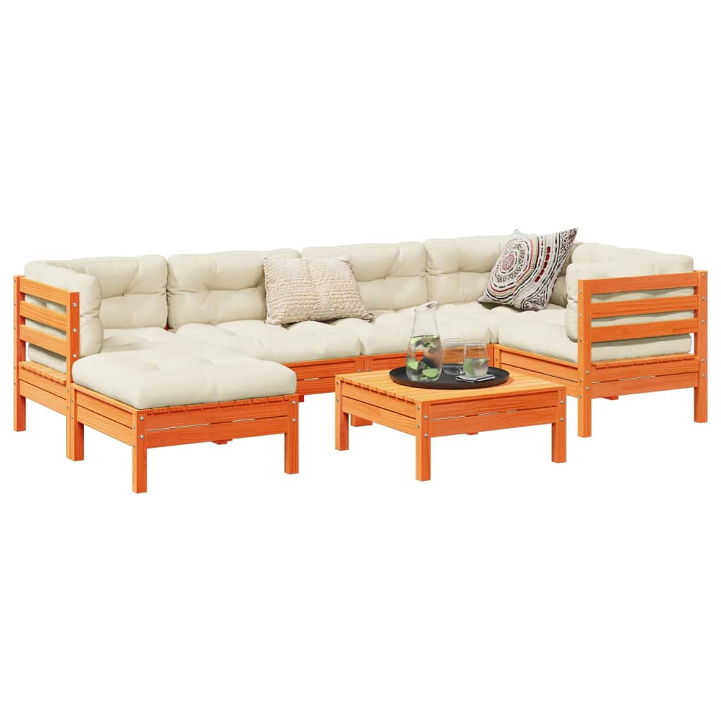 vidaXL 7 Piece Patio Sofa Set with Cushions Wax Brown Solid Wood Pine-0