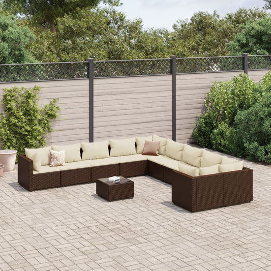 10-piece brown poly rattan garden sofa set with cushions.


