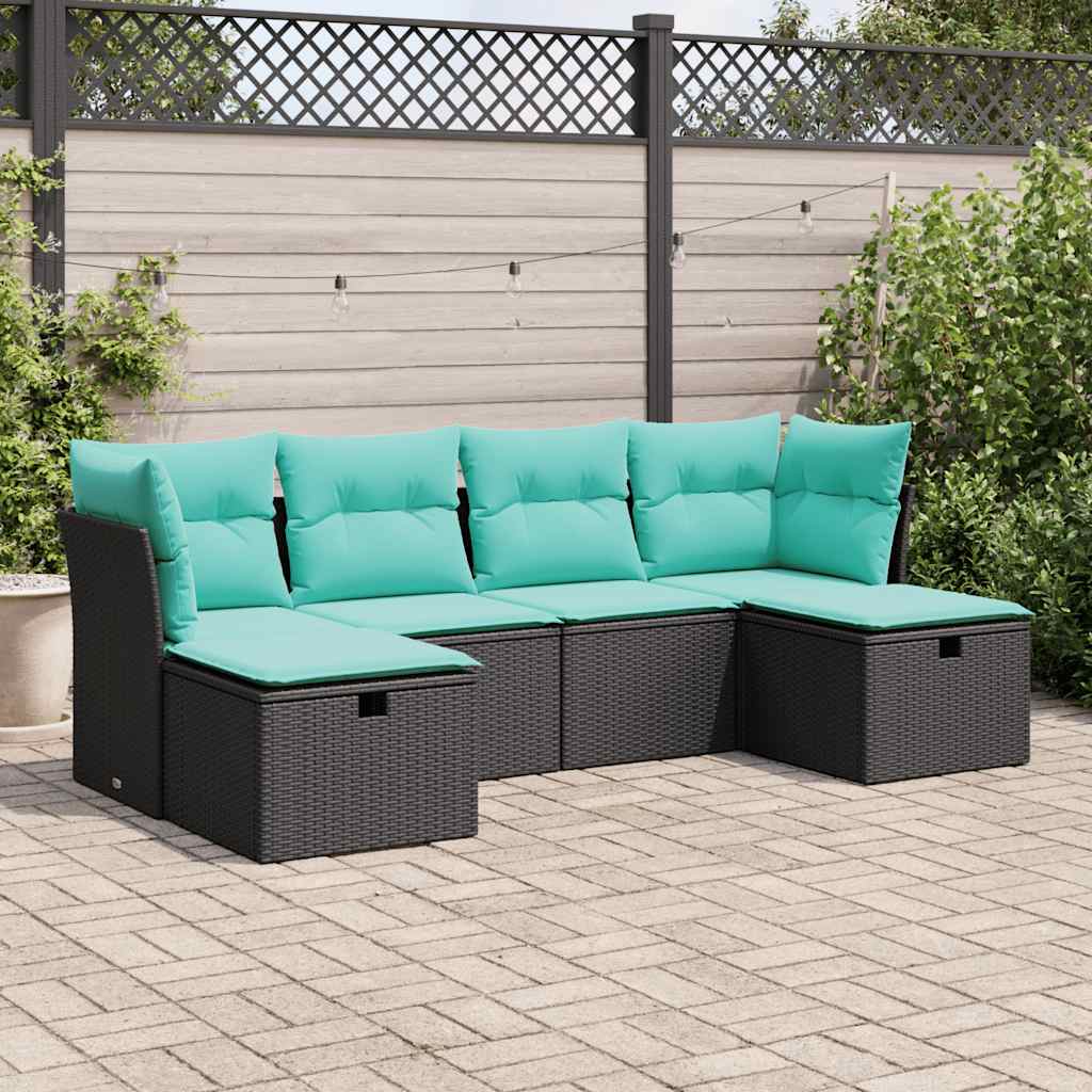 vidaXL 6 Piece Patio Sofa Set with Cushions Black Poly Rattan-0