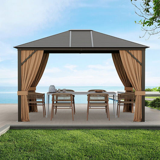 12 x10 Feet Outdoor Hardtop Gazebo with Galvanized Steel Top and Netting-Brown-0
