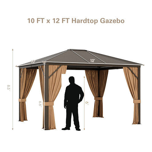 12 x10 Feet Outdoor Hardtop Gazebo with Galvanized Steel Top and Netting-Brown-2