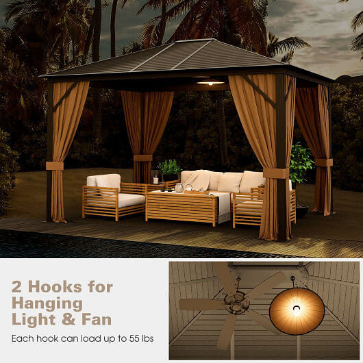 12 x10 Feet Outdoor Hardtop Gazebo with Galvanized Steel Top and Netting-Brown-3