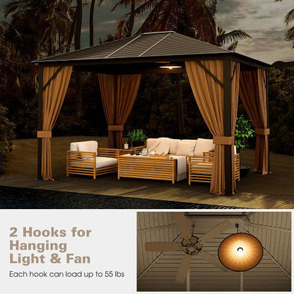 12 x10 Feet Outdoor Hardtop Gazebo with Galvanized Steel Top and Netting-Brown-3