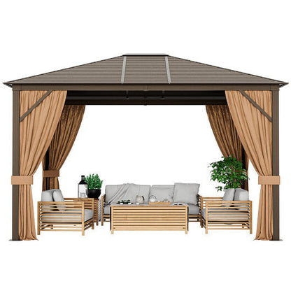 12 x10 Feet Outdoor Hardtop Gazebo with Galvanized Steel Top and Netting-Brown-4