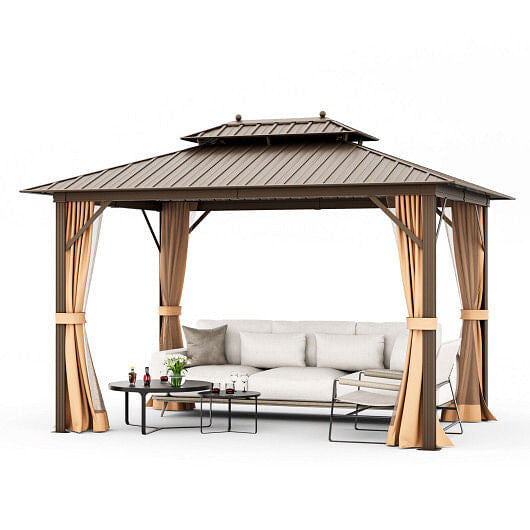 A gray barbecue gazebo with a double roof, side shelves, and a sturdy metal frame.

