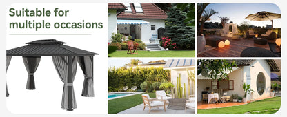 10'x12' Hardtop Gazebo, Aluminum Frame Canopy with Double Galvanized Steel Roof, Outdoor Metal Pavilion with Netting, Curtains